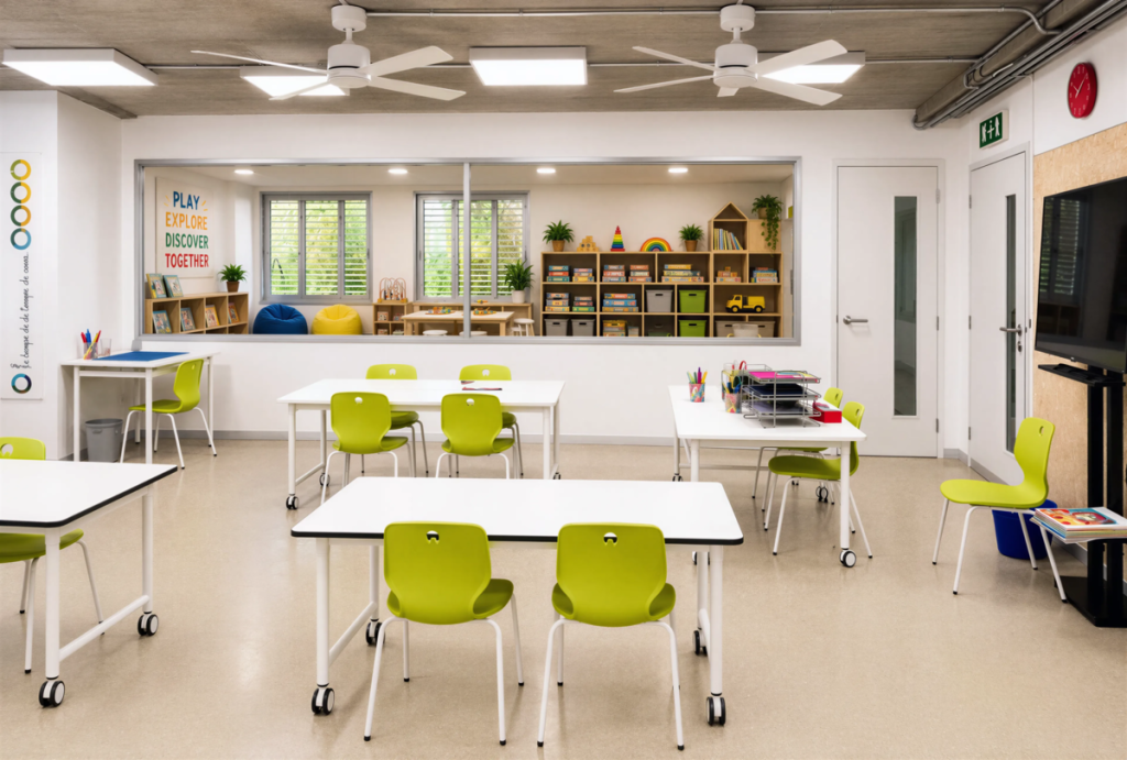 Aula escolar amb ventiladors de sostre, taules mòbils i mobiliari flexible per a diferents activitats educatives.