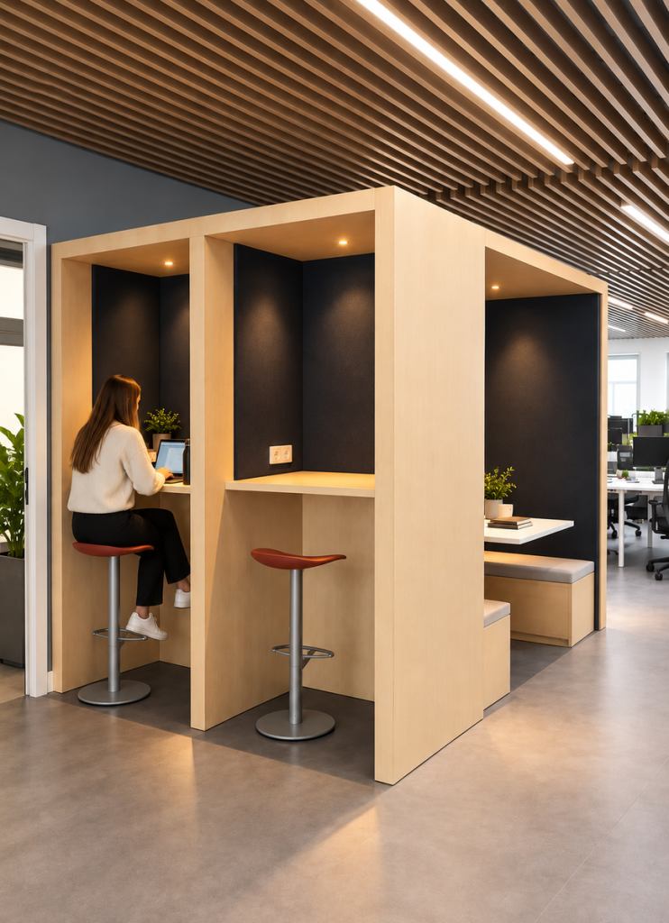 Cabines individuals de treball amb fusta i seients alts en una oficina de planta oberta.