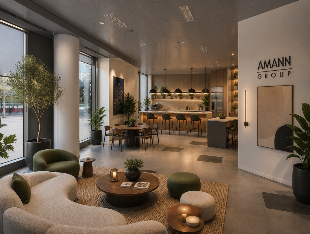 Zona social d'oficina amb sofàs, vegetació i barra de cafè, amb el logotip AMANN GROUP a la paret.
